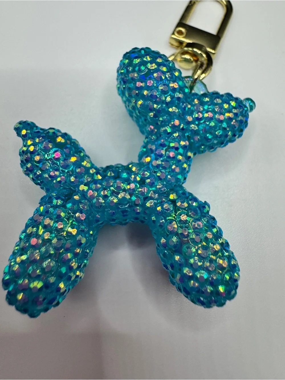 Hand Blinged Aqua Balloon Dog Bag Charm Keychain Resin Rhibestones